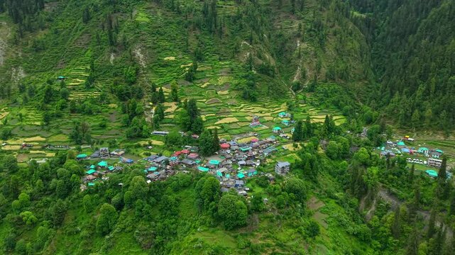 Aerial view of Grahan village with terraced crop fields in Himachal Pradesh, India