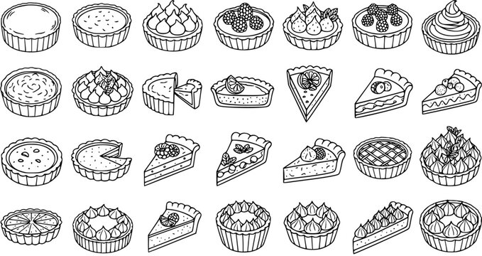 Black and White Line Art Food Industry Collection: Delicious Pies and Tarts, Whole and Slices, Perfect for Dessert Menus and Baking Designs.