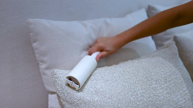 Close Up of Hand Using Lint Roller on Beige Textured Pillow