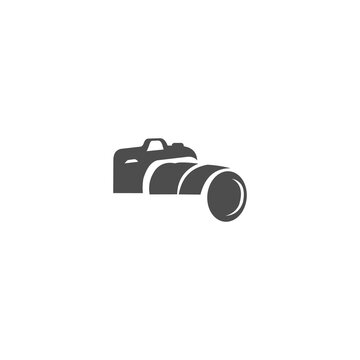 A minimalist DSLR or mirrorless camera icon presented in a dark grey silhouette on a white background.
