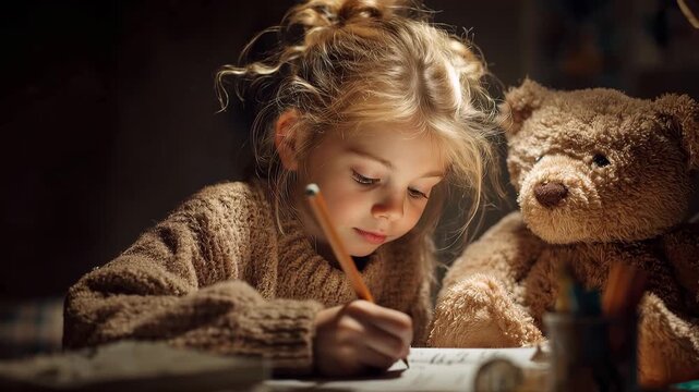 Child focused on studying while playing at home with teddy bear in cozy evening light, creating a warm and engaging learning environment