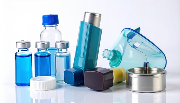 Medical inhalers and vials filled with blue liquid, suggesting respiratory treatment and pharmaceutical supplies