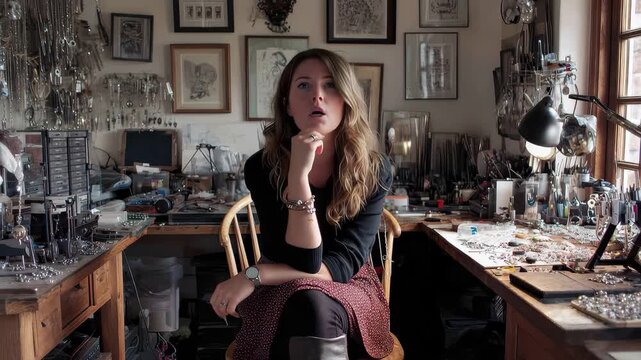Female jewellery maker creates unique designs in her workshop surrounded by tools and materials during a productive crafting session