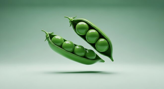 Two peas in a pod represented by fresh green vegetables floating against a solid minimalist background for a metaphorical concept of togetherness and unity