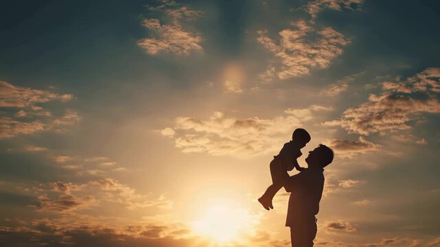 Father enjoys a joyful moment with son while playing together under the warm sun during sunset, creating lasting memories outdoors in nature