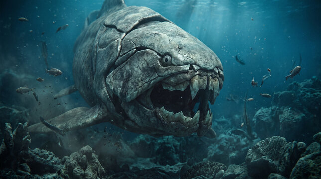 Dramatic close up of Dunkleosteus charging in dark Devonian sea for prehistoric documentary or educational cinematic project