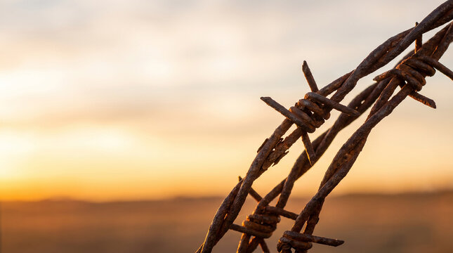 Rusty Barbed Wire Fence Against Sunset Sky for World Refugee Day, Symbolizing Border Restrictions Imprisonment and the Struggle for Freedom and Human Rights of Displaced People
