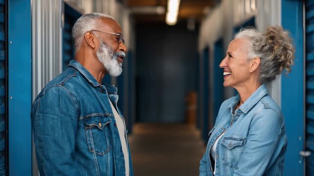 Couple enjoying time together while renting a self-storage unit in a facility with blue storage doors and bright interior lights