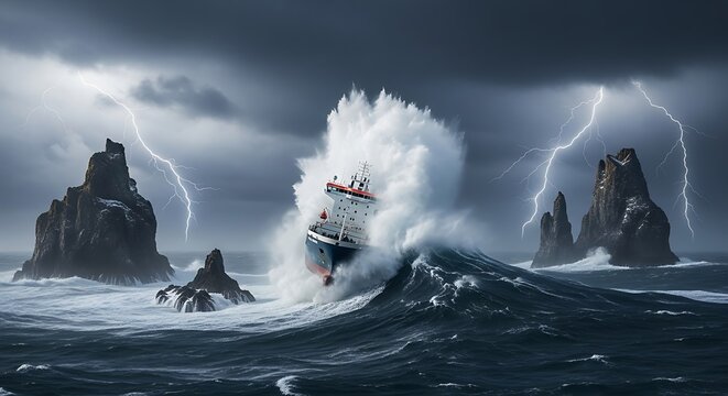Massive ocean waves crash over a cargo vessel amidst a violent thunderstorm near rocky formations