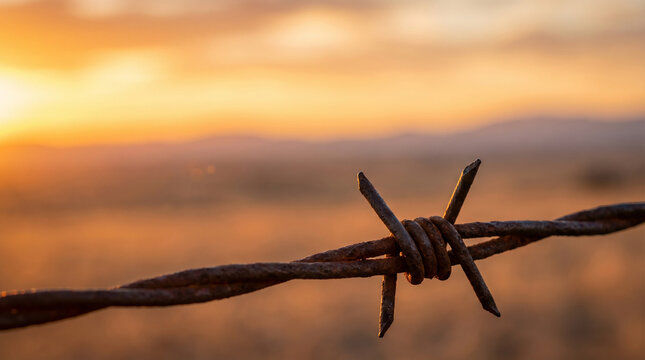 Rusty Barbed Wire Fence Against Sunset Sky for World Refugee Day, Symbolizing Border Restrictions Imprisonment and the Struggle for Freedom and Human Rights of Displaced People