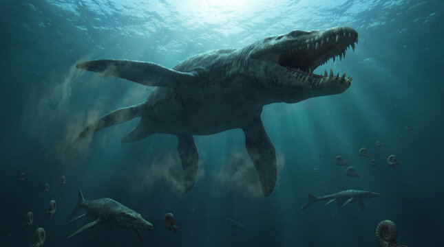 Prehistoric Liopleurodon Marine Reptile Swimming in Deep Blue Ocean Undersea World Concept for Documentary and Cinematic Educational Content Creative Project