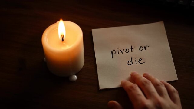 A hand rests on a note with 'pivot or die' next to a lit candle on a dark wooden table with a moody atmosphere.