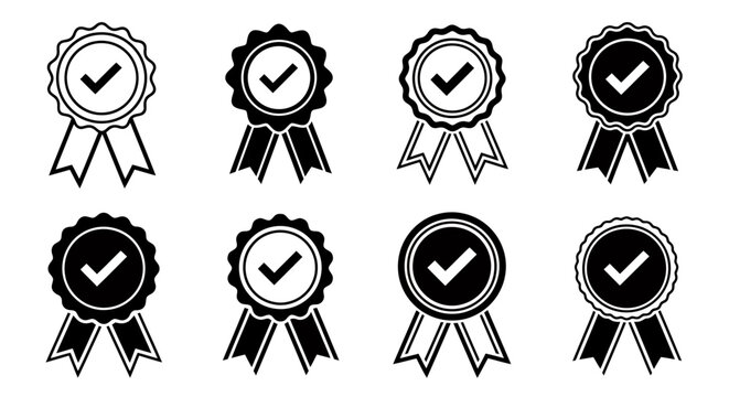 Set of monochrome award ribbons and badges icons.