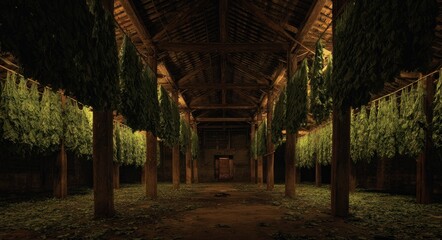 Obraz premium Dark empty barn interior with rows of hanging green leaves and wooden beams