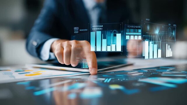 Investment consultant analyzes financial data using digital tools for company growth and strategy formulation in a modern office environment