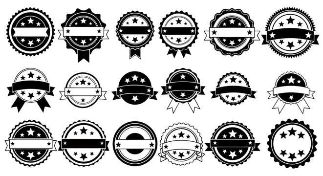 Collection of black and white circular badge seals with ribbons, stars and crests.