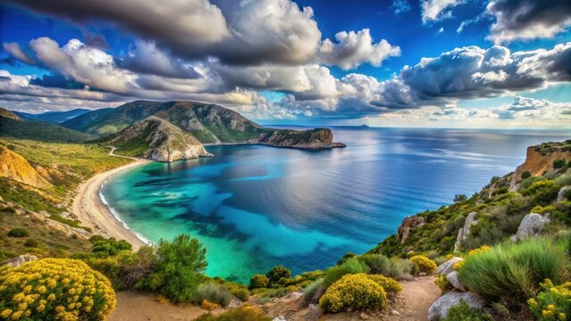 A panoramic view of Cape Praso in Samos island features dramatic cliffs with turquoise waters and golden sandy beaches stretching into the horizon Th