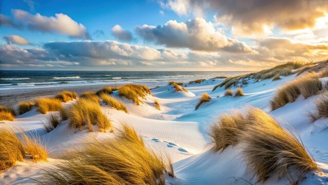 A realistic photo of Dunes at danish coastline in winter High quality photo