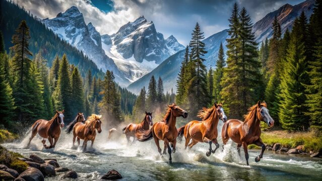A photo of majestic horses engaging in a fierce battle atop rugged, snowcapped mountains amidst towering pine trees and pristine streams, capturing t