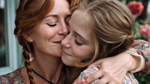 European mother and teenage daughter embrace warmly in a garden filled with blooming flowers during a sunny afternoon, sharing a moment of joy and connection together
