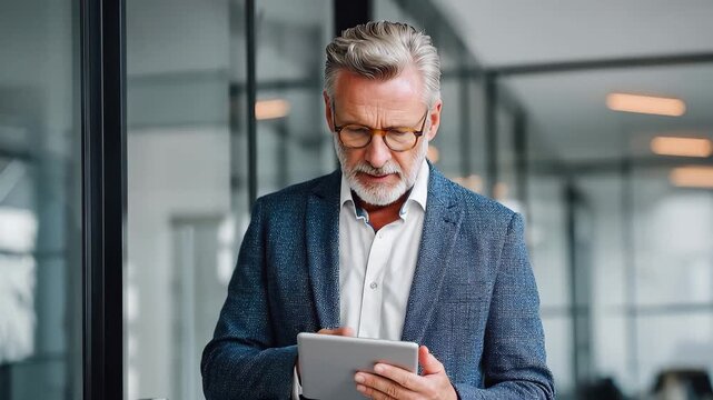 Mature businessman using a tablet while standing in an upscale office environment during daylight hours