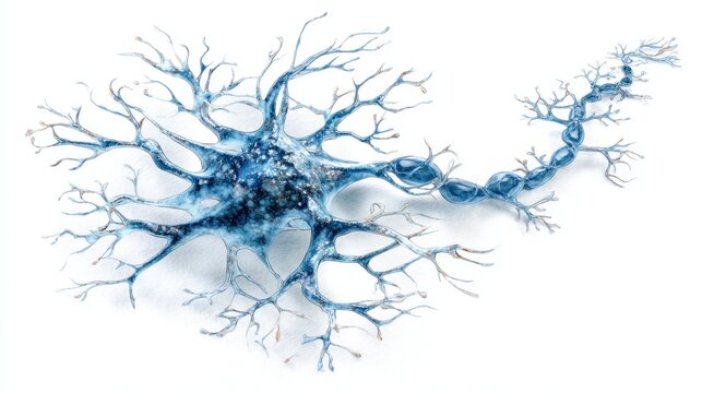 Detailed illustration of an electric blue neuron with branching dendrites and axons