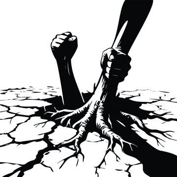 Hand pulling another person out of cracked dry ground, concept of rescue, help, and survival in extreme drought conditions, black and white vector illustration