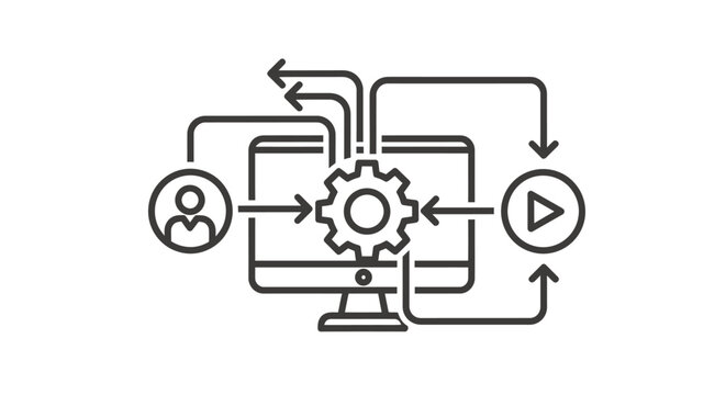Illustration of automated workflow and collaboration on a computer monitor with gears.