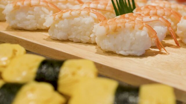 Assorted Japanese Sushi Nigiri Buffet with Shrimp and Egg Omelet