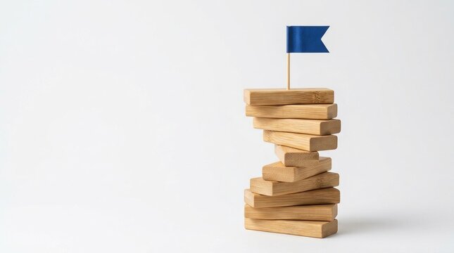 Success, leadership, achievement, growth, goal, strategy, vision concept featuring a wooden block tower with a blue flag on top, representing business milestones and career peak.