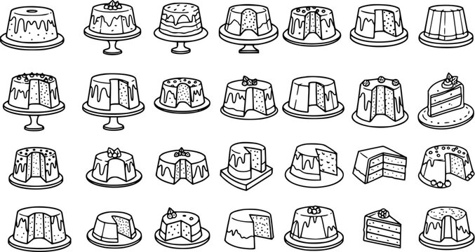 Food Industry Black and White Line Art Set: Hand-drawn Doodle Cakes, Puddings, and Desserts. Outline Sketch Collection of Baked Goods and Confectionery Pastries.