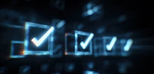 Fototapeta premium Digital illustration of a glowing blue checkmark inside a transparent square with multiple checkmarks in a futuristic style