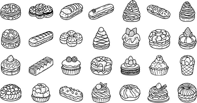 Food and Dessert Black and White Line Art Set. Hand-Drawn Outline Cakes, Pastries, Sweets, Donuts  Confectionery Vector Collection for Bakery Menu