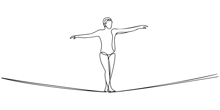 Continuous one line circus tightrope walker vector illustration isolated on white background, Continuous one line drawing of a person balancing on a tightrope, walking with a stick, one line Art icon 