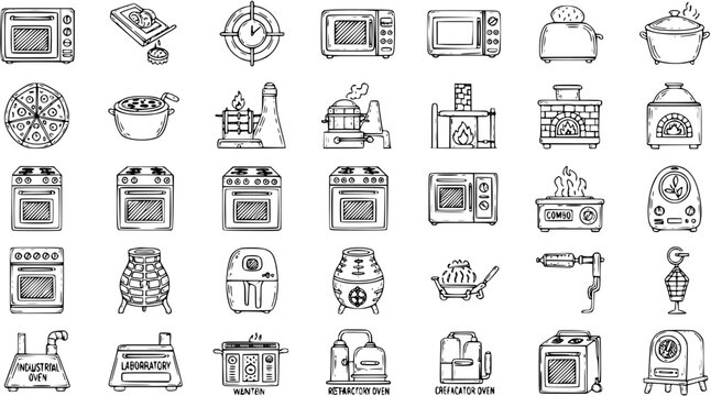 Ovens and Cooking Appliances Line Art Sketch Icons Collection for Kitchen, Industrial, and Laboratory Use