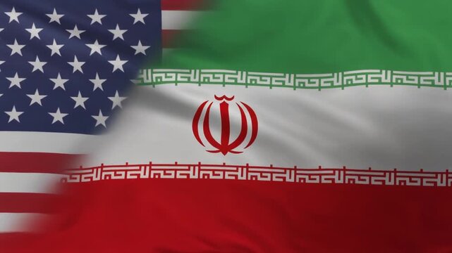 Blended flags of United States and Iran, stars and stripes merging with green‑white‑red tricolor and emblem, symbolizing diplomacy, tension, and cultural connection.