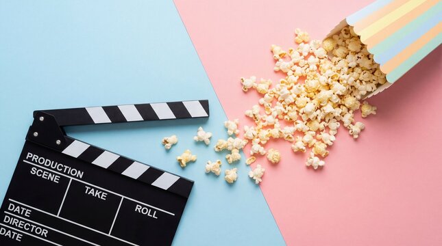 Movie clapperboard with popcorn on colorful background cinema entertainment concept