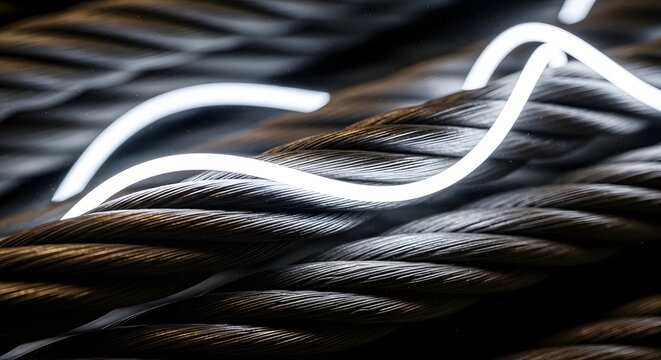 A glowing white neon line traverses a dark, textured, metallic surface with wavy patterns.