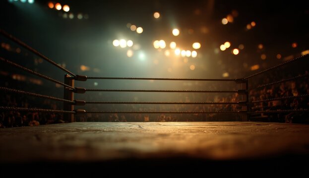 Dramatic and cinematic view of an empty boxing ring illuminated by intense lights, highlighting the ropes and wooden floor in a professional sports arena setting
