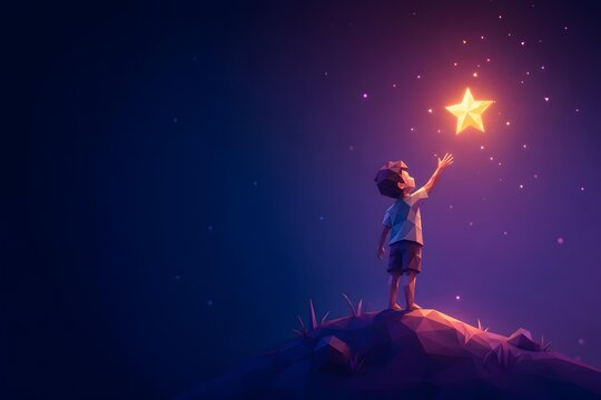 Child Reaching for Glowing Star, Dream, Ambition, Hope and Future Success Concept with Copy Space