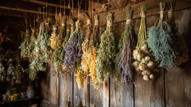 Dried herbs hanging from wooden wall in rustic kitchen or food preparation area