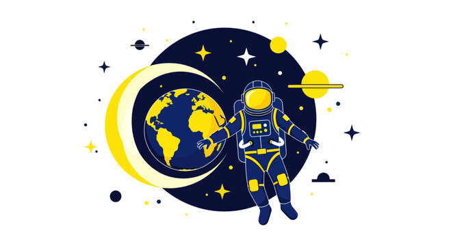 Astronaut floating in space near Earth and moon, cosmic exploration, starry night sky