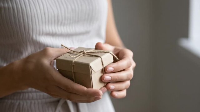Woman's hands holding small eco-friendly gift box with twine