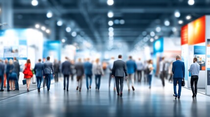 Fototapeta premium Visitors Walking in Trade Hall Towards Display at Exhibition Event