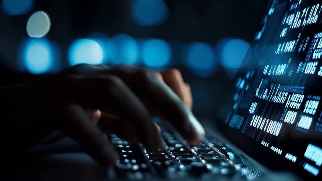 Close up view of a businessman focused on typing on a laptop with glowing digital data in a dark office environment during nighttime