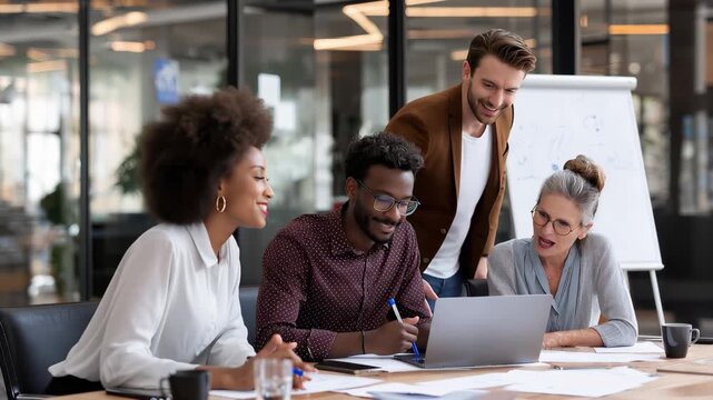 Diverse professionals engage in a collaborative meeting in a modern boardroom with natural lighting and a focus on teamwork and innovation among all participants