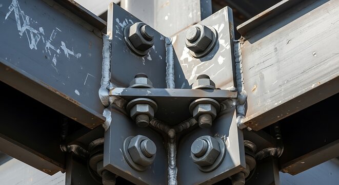 Heavy metal structural joint securely fastened with large bolts and welded plates