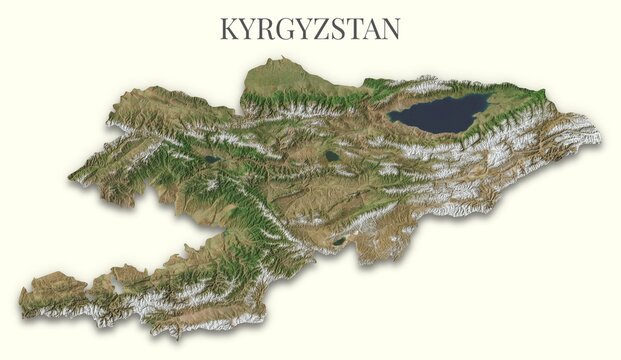 Kyrgyzstan terrain map. Raster relief illustration of Kyrgyzstan. Hillshaded physical map. Elements of this image derrived from NASA imagery and SRTM dataset.