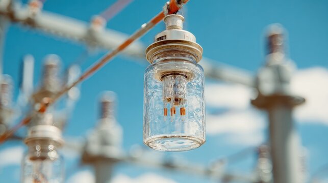Electrical high voltage grid elements with glass insulators and power lines in bright daylight