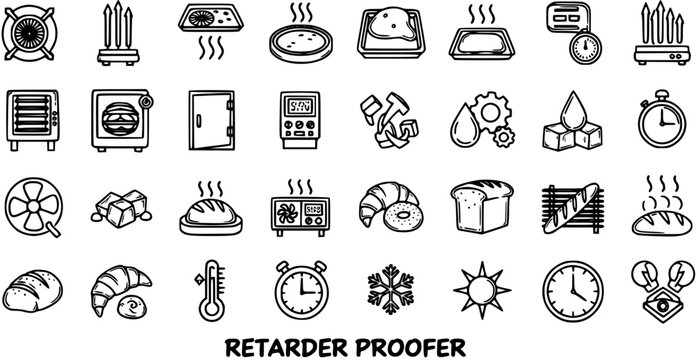 Retarder Proofer Icon Set - Black and White Line Art for Bakery Equipment
